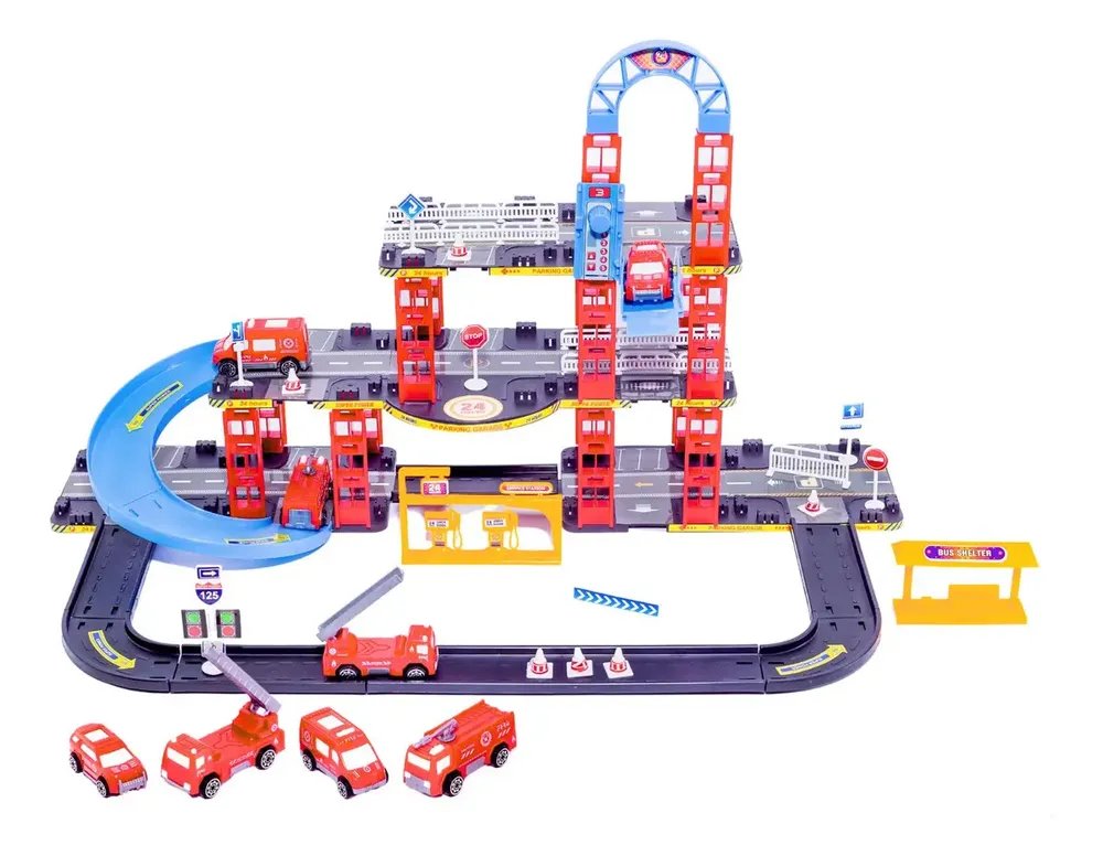 Pista De Carrinhos Bombeiros Brinquedo Infantil Corrida Vermelho