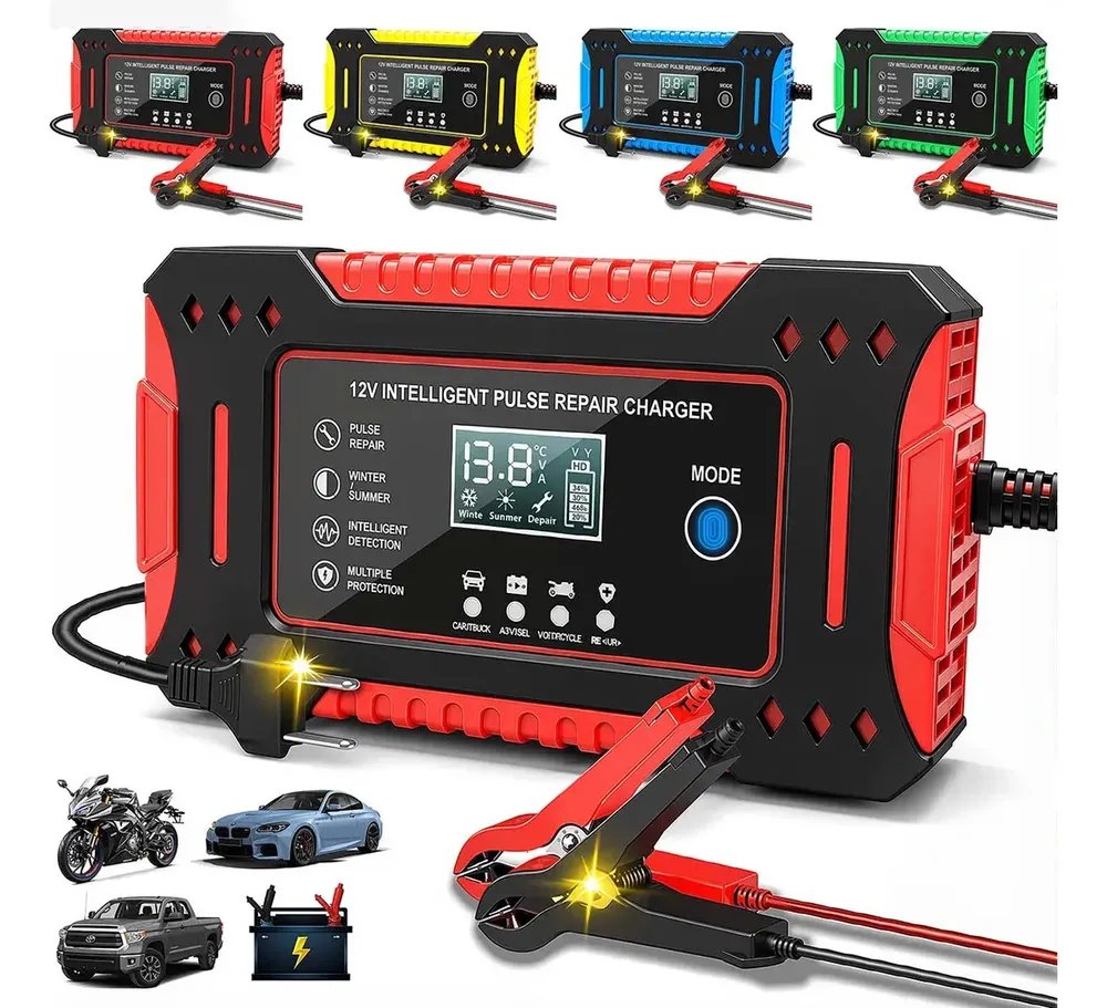 aweshine Carregador inteligente de bateria automotivo 12V portátil, para carro, moto, caminhão e bateria estacionária vermelho