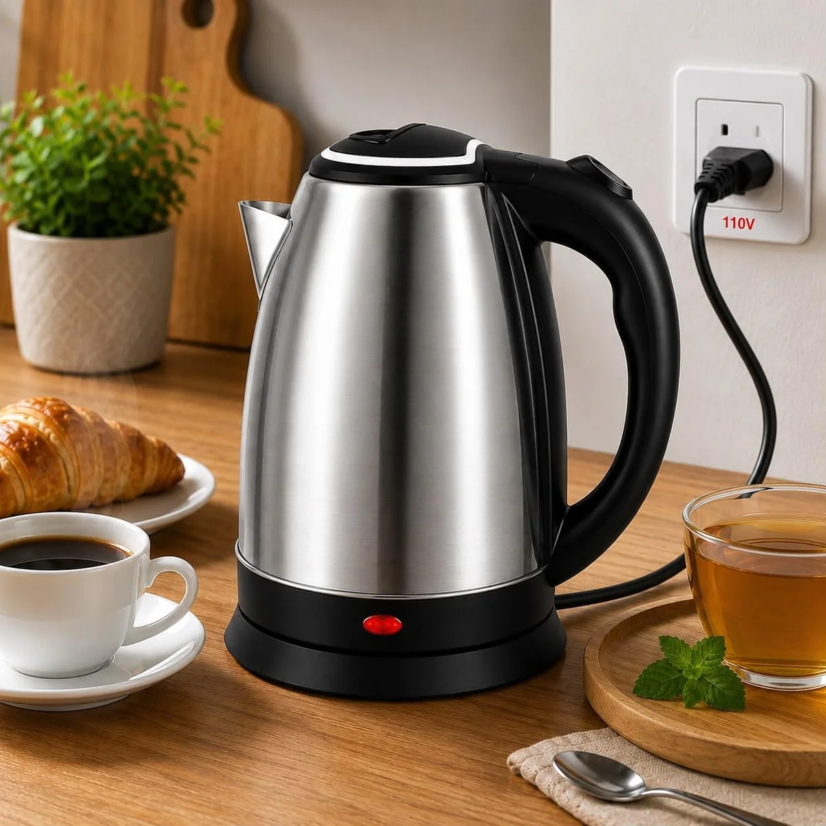 Chaleira Elétrica em Aço Inox 1.8l – Aquecimento Rápido, Desligamento Automático, Base Giratória 360°, Design Moderno e Fácil Limpeza