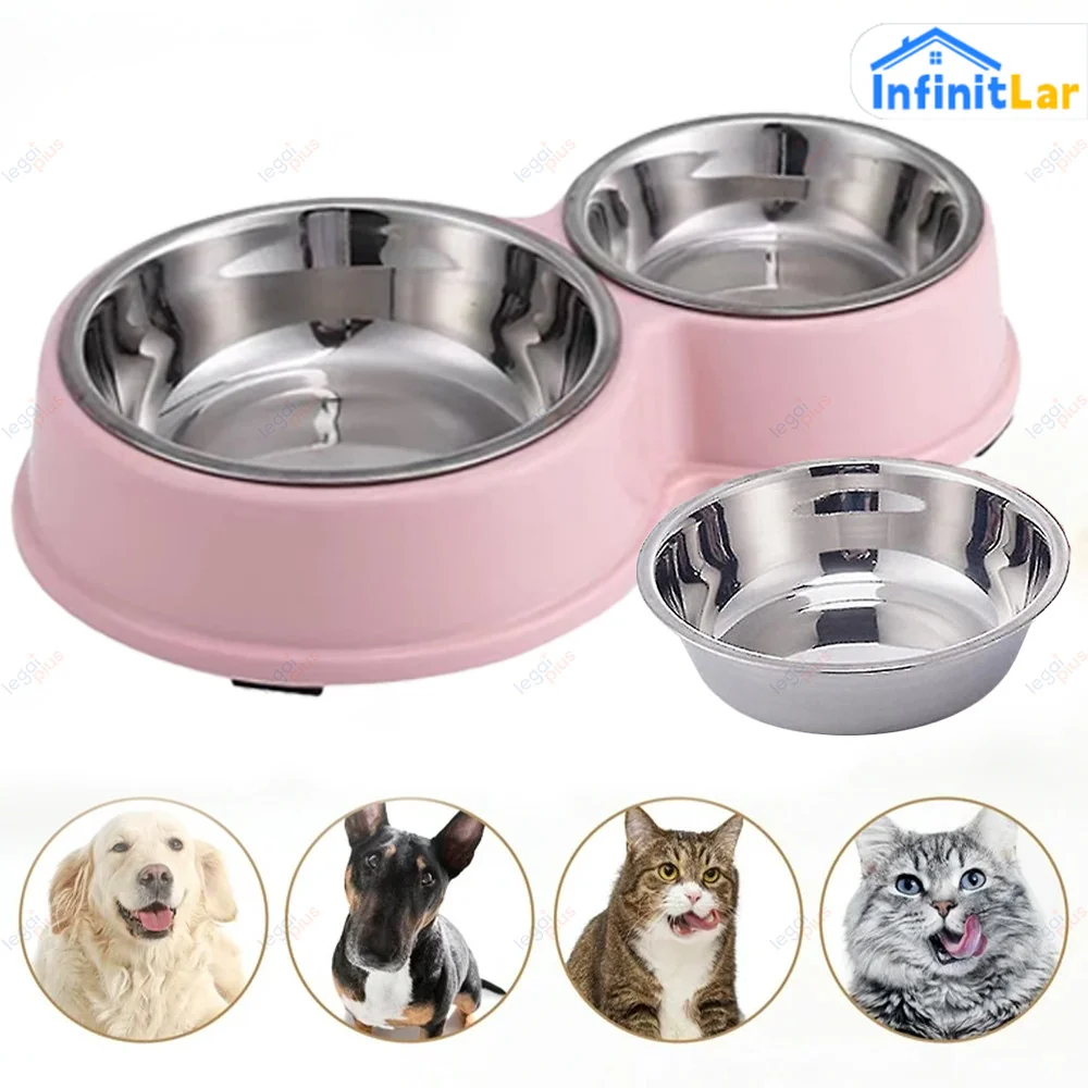Kit Comedouro e Bebedouro Duplo Inox com Superfície Antiderrapante para Gatos e Cachorros