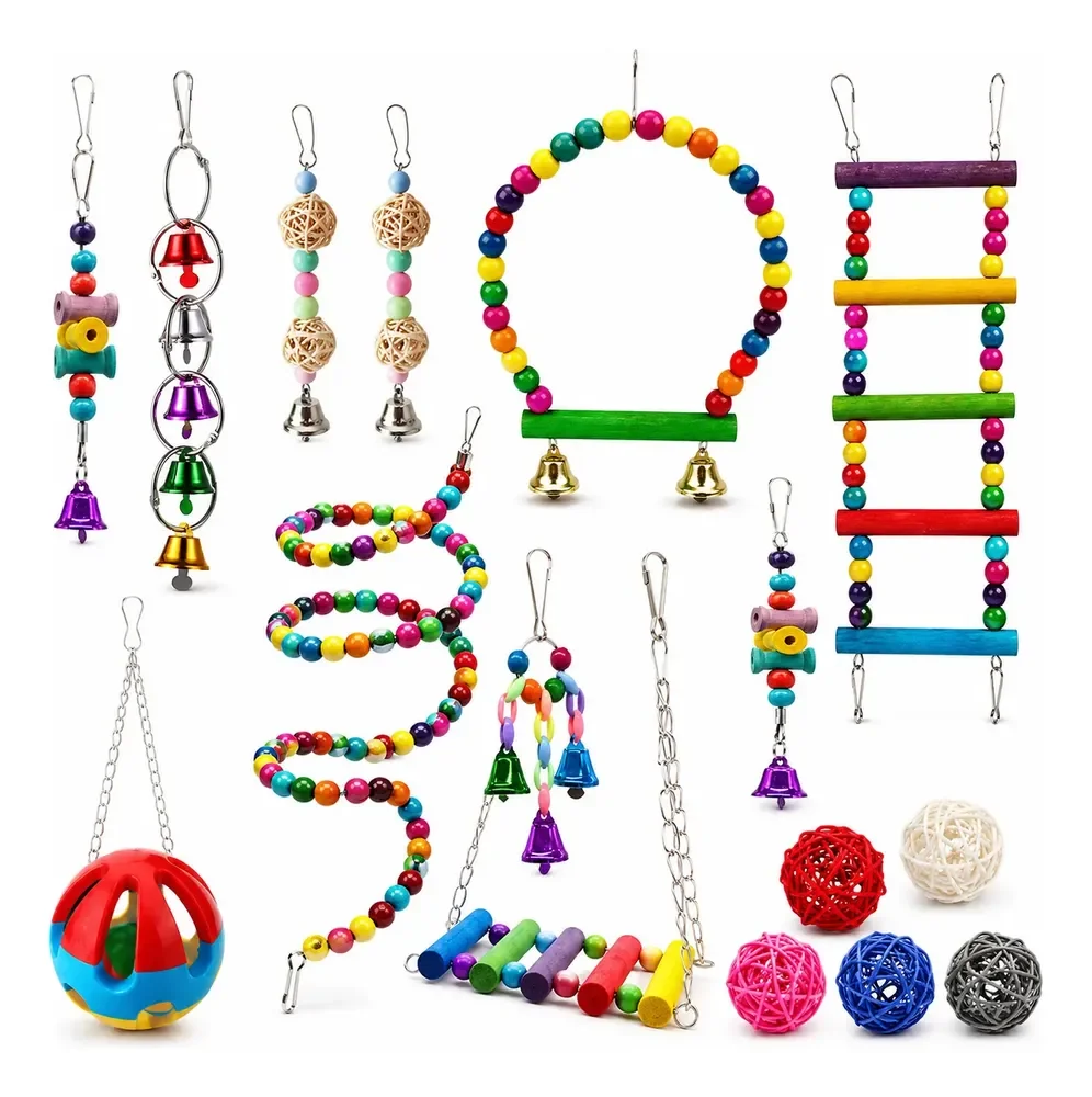 Kit 15 Peças Brinquedos Para Pássaros Com Sinos E Balanço Colorido