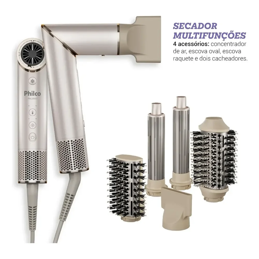 Secador De Cabelos Philco psc3500 4 Em 1 dobrável motor bldc Prateado Bege 127v