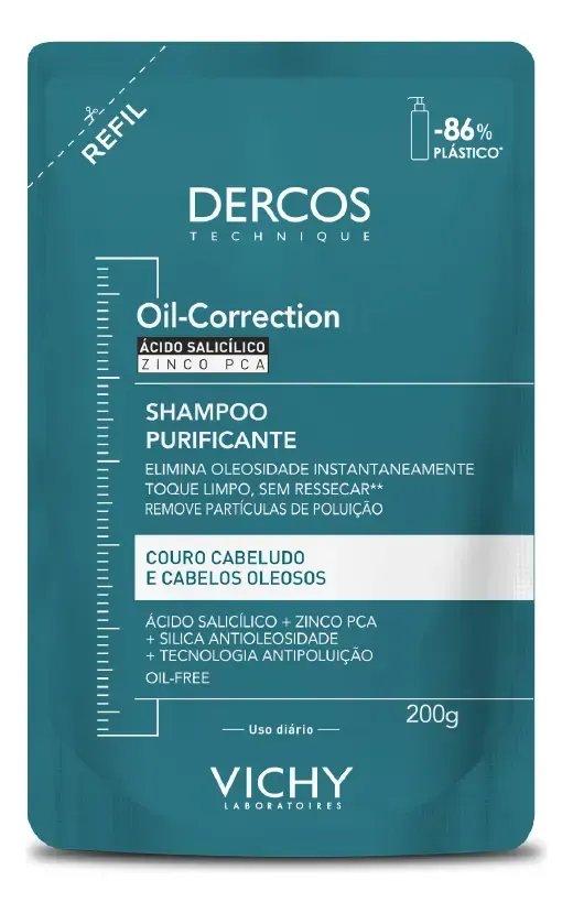 Refil Shampoo Purificante para Cabelos Oleosos Limpeza Profunda sem Ressecar os Fios Fórmula com Ácido Salicílico e Zinco PCA Oil-Correction Vichy Dercos 200g