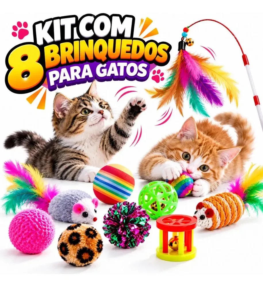 Kit 8 Brinquedos Interativos Para Gato Com Varinha Diversão