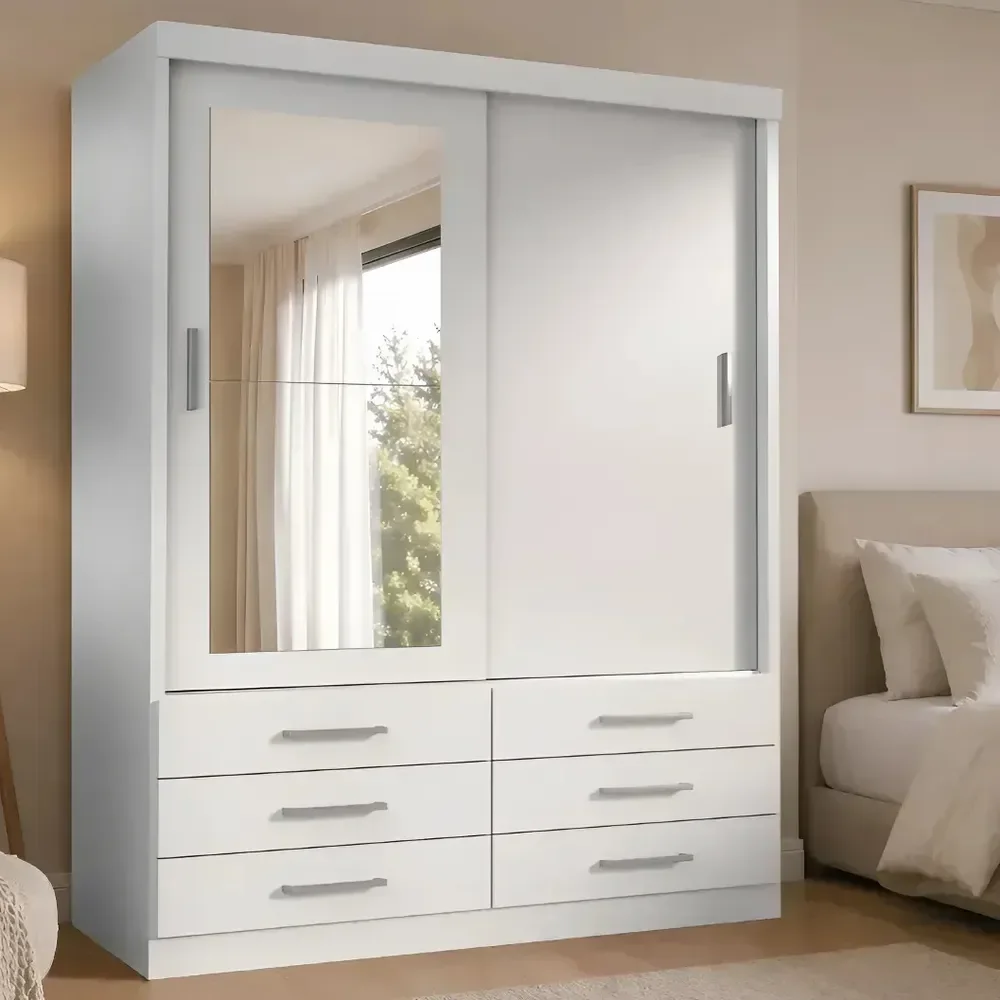 Guarda Roupa Solteiro Capri 2 Portas 6 Gav Com Espelho Cor Branco Branco