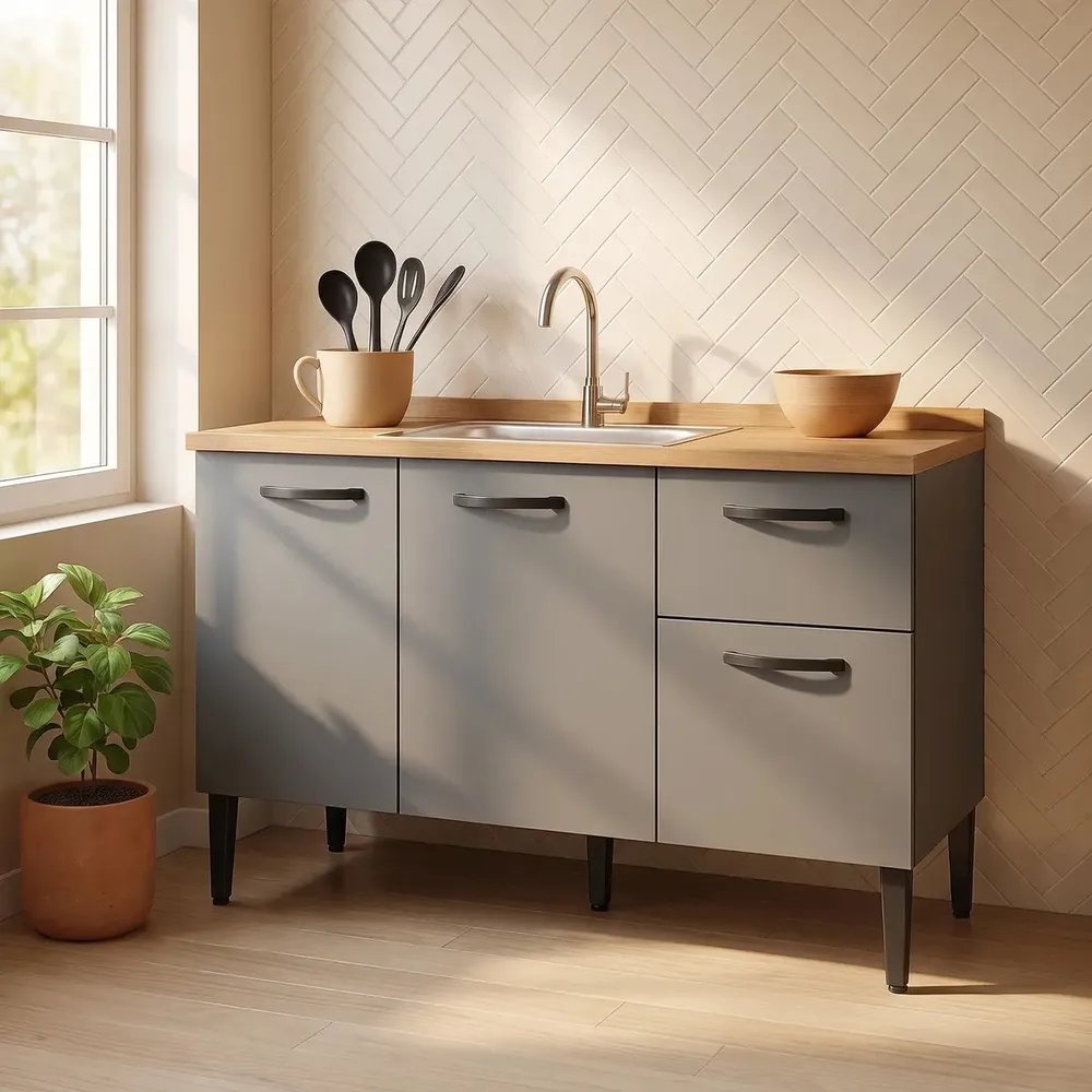 Gabinete De Pia 1,20m Balcão De Cozinha Multiuso 3 Portas Armário De Pia Armário De Cozinha 120cm Organizador Para Pia Cor Branco Ideal Para Cozinha Compacta E Área De Serviço Porta Panela Cinza