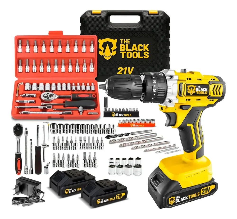 Furadeira Parafusadeira De Impacto 2 Baterias 21v + 46 Peças Amarelo 110v/220v 60hz