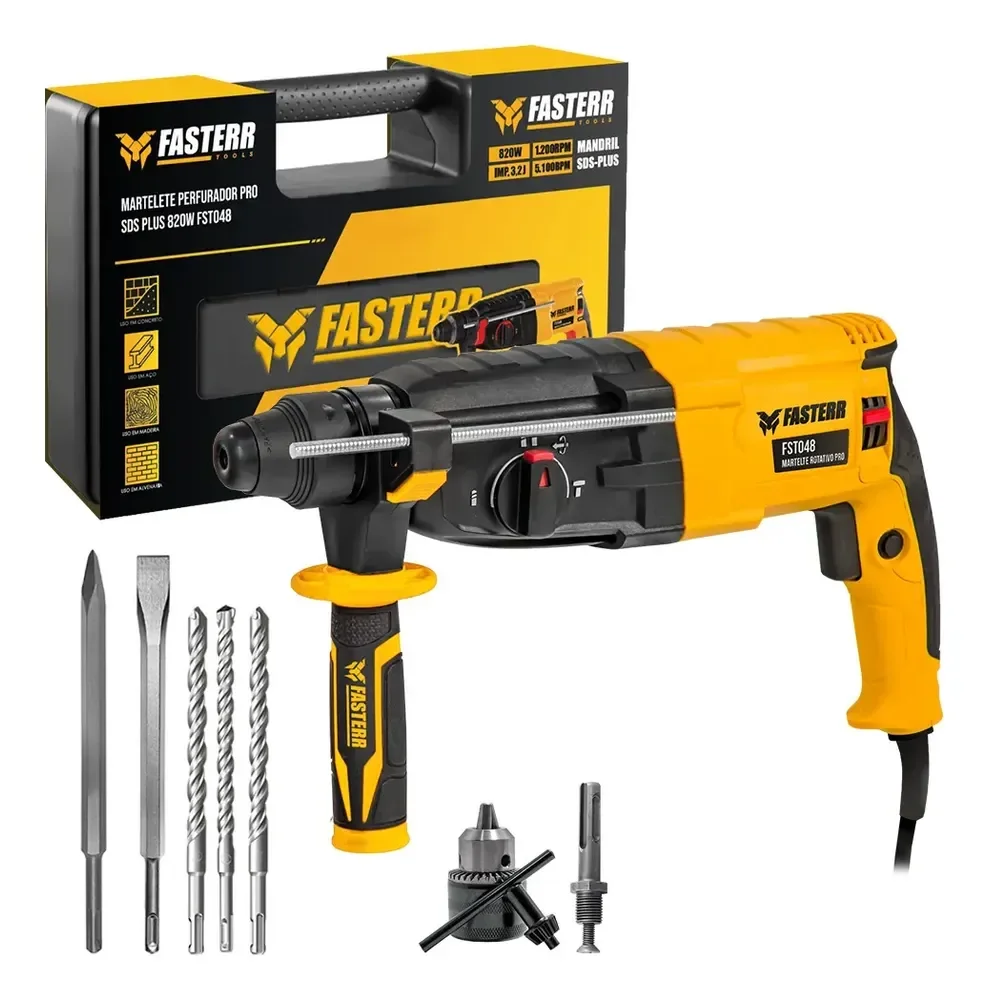 Martelete Perfurador Rompedor 820w Fasterr com Kit acessorios Cor Amarelo Frequência 50