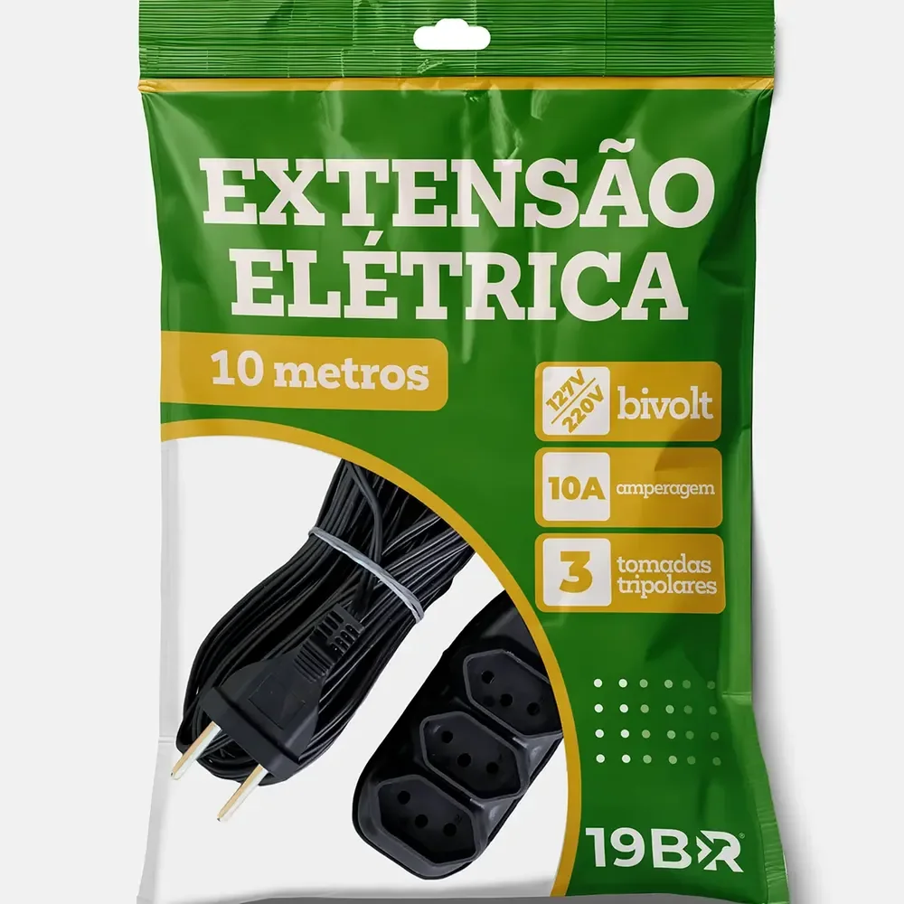 Extensão Elétrica Parosflux de 10 m com 3 Tomadas Bivolt Preta