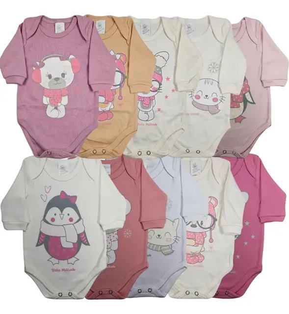 Kit Com 10 Bodys Bebê Manga Longa Estampado Bicho Molhado