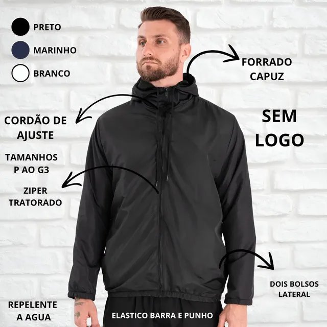 Jaqueta Corta Vento Liso Unissex Esportivo Capuz E Bolsos
