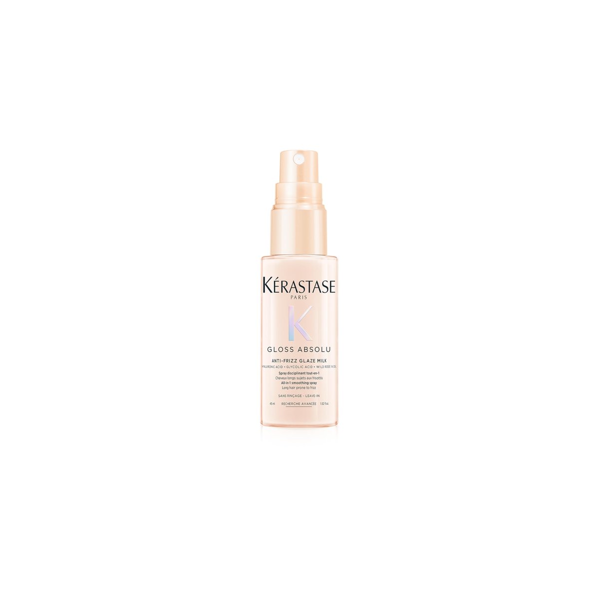 Kérastase, Spray, Gloss Absolu, Glaze Milk Anti-Frizz, para todos os tipos de cabelos, com ácido hialurônico, glicólico e óleo de rosa silvestre, proporciona brilho, protetor térmico, 45ml