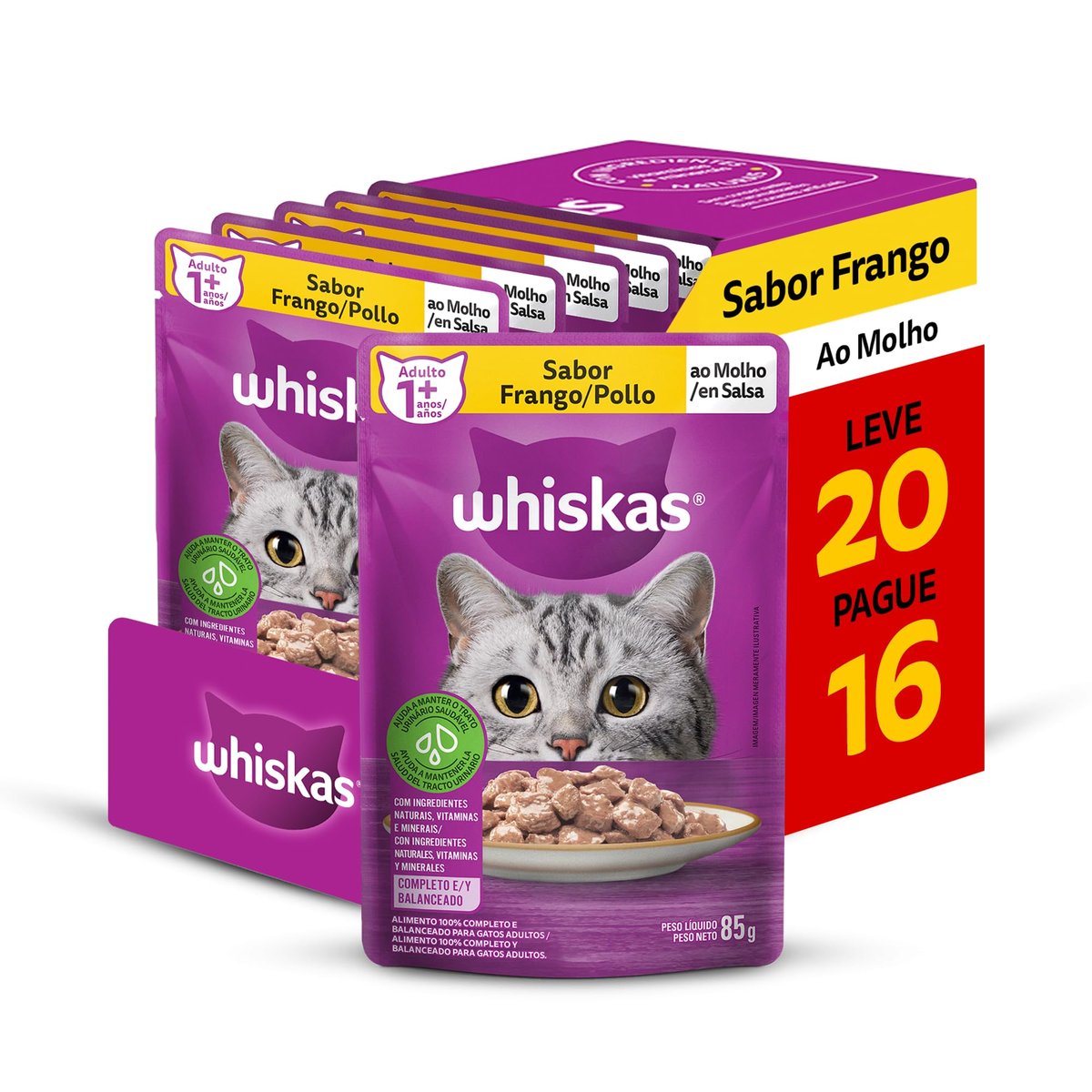 Pack Ração Úmida Whiskas Sachê Frango ao Molho para Gatos Adultos - Leve 20 Pague 16