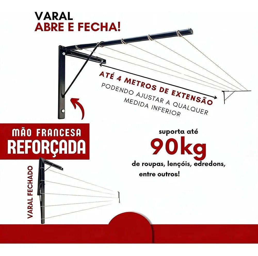 Varal De Parede E Muro Reforçado Suporta Até 90 Kg Preto