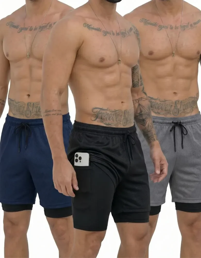 Kit 3 Shorts 2 Em 1 Duplo Bolso Para Academia Treino Corrida Preto/azul/cinza Gg