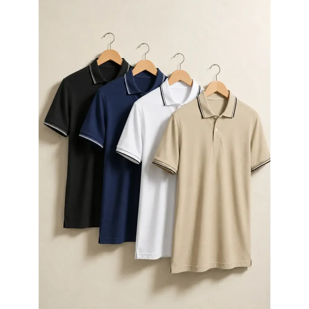 Kit 4 Camisa Gola Polo Piquet Masculina Slim Casual Algodão Preto-branco-marinho-mescla G Lisa