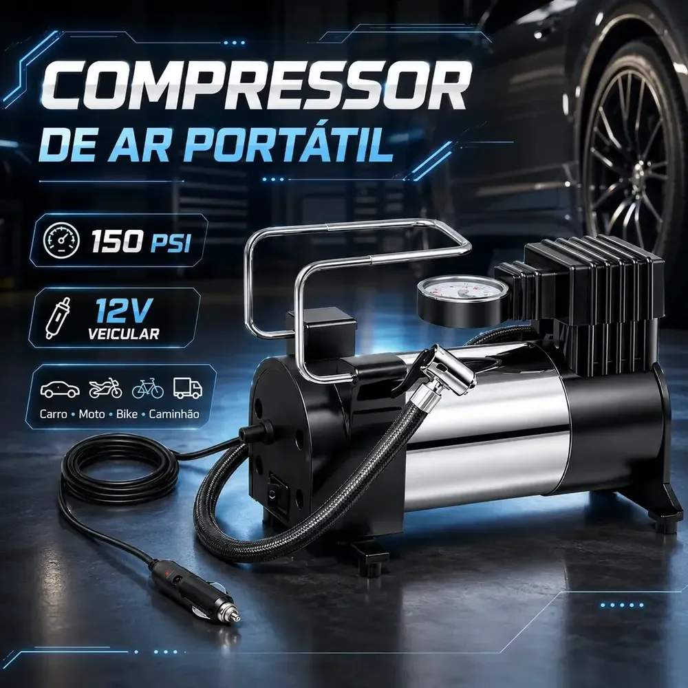 Compressor de Ar Portátil Relet 12V 140PSI 35L/min para Carros e Motos