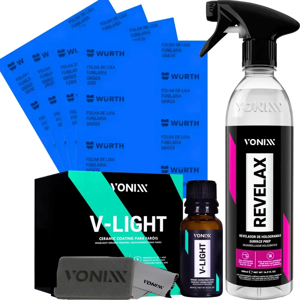 Kit Polimento Farol Revelax Lixa Vitrificador V-light Vonixx