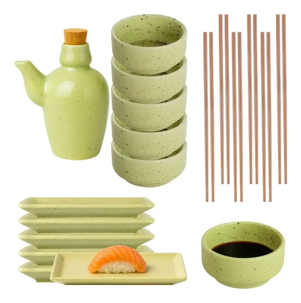 Kit Sushi 6 Pessoas Porcelana Oriental + Molheira Para Shoyu Verde Mesclado