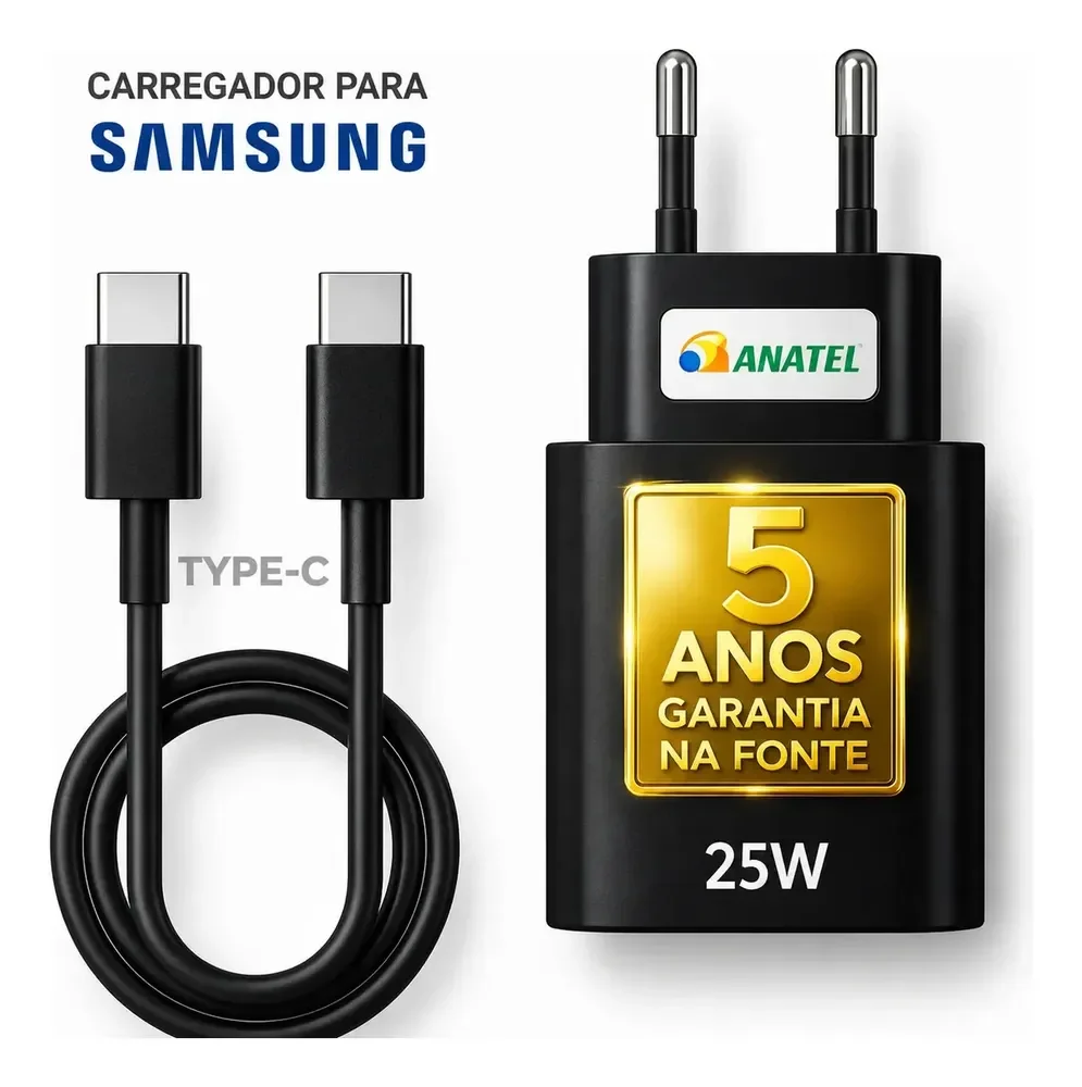 Carregador Super Rápido 25w Para Samsung Galaxy S24 S23 S22 S21 S20 Fe Ultra Motorola M22 M31 M32 M62 M63 M64 G15 Xiaomi Redmi Note 12 13 14 15 LG - Super Fast Cabo Blindado Tipo Usb C -Dtimp