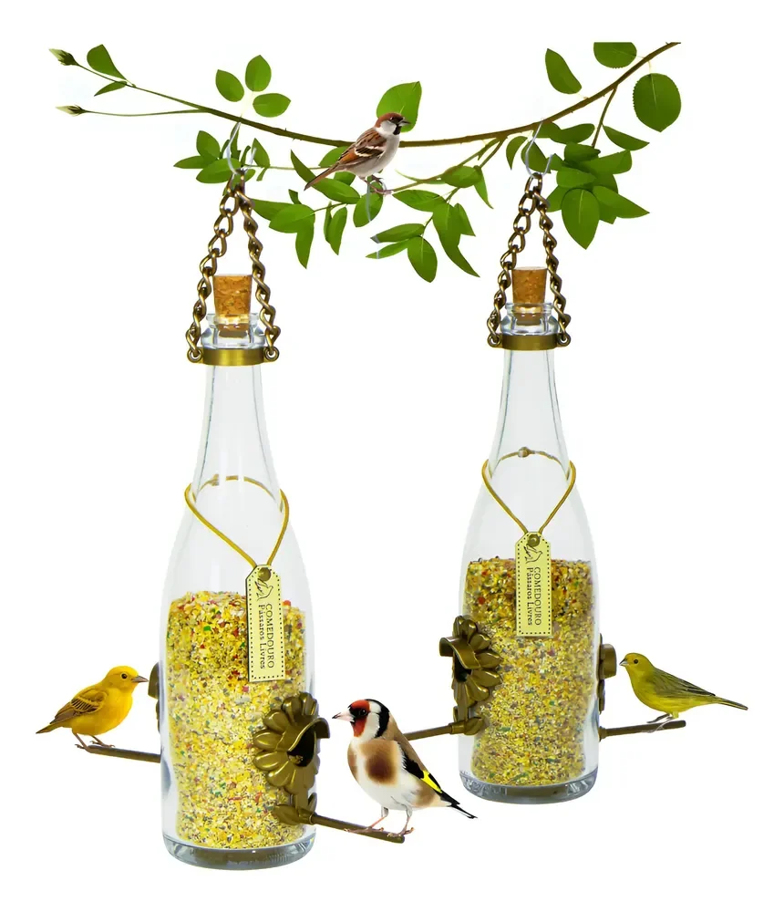 Kit 2 Comedouro Pássaros Livres - Garrafa Champagne Branca Vidro Transparente
