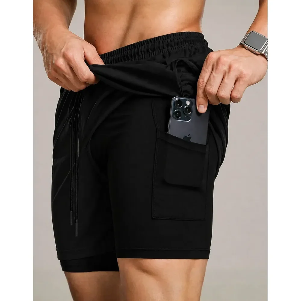 Bermuda Compressão Duplo Masculina 2 Em 1 Short Academia Preto Lisa Gg