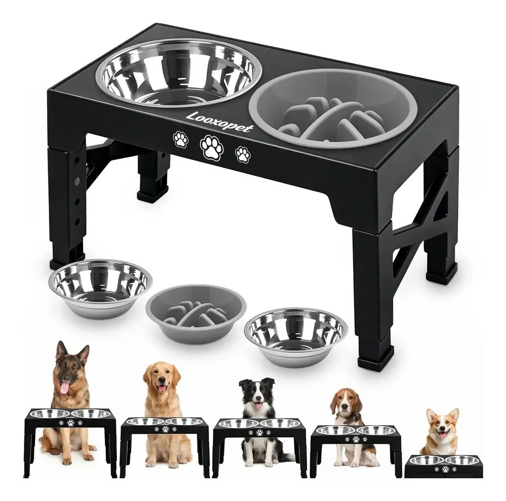 Comedouro Bebedouro Elevado Cães Duplo Lento Inox Grandes Ajustável Looxopet Preto