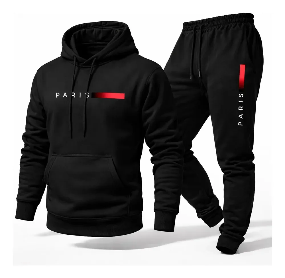 Conjunto Moletom Calça Unissex Paris Canguru Casaco Frio Gg Preto
