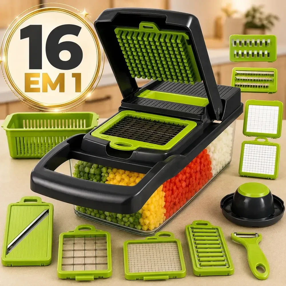 Cortador Fatiador Ralador De Legumes Frutas Vegetais Triturador Picador Manual 16 Peças para Cozinha Mandolin Inox Sólar