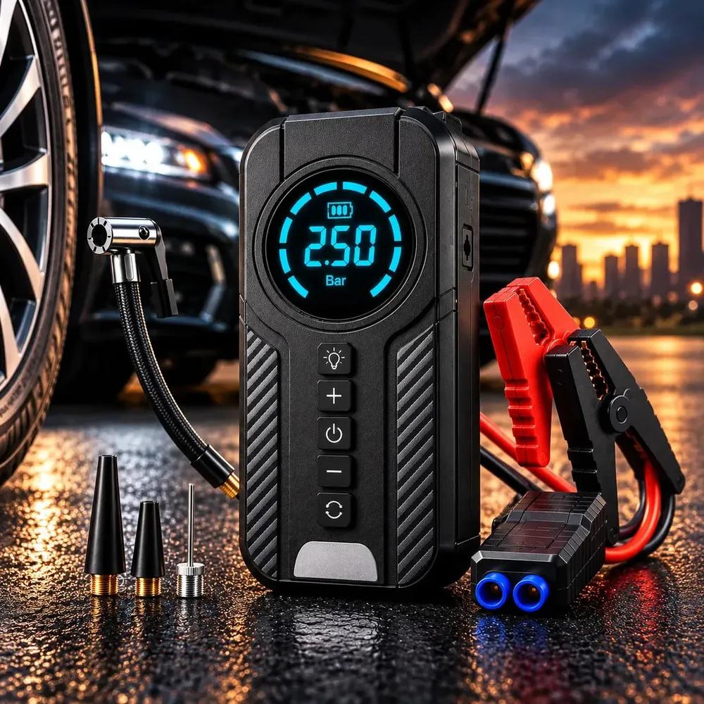 Auxiliar De Partida Bateria Carro Compressor De Ar Portátil 12V 4 funções em 1 Inflador Digital Calibrador Pneu Power Bank Lanterna LED Emergência Automotiva Moto SUV Bicicleta Caminhonete MidiaFone