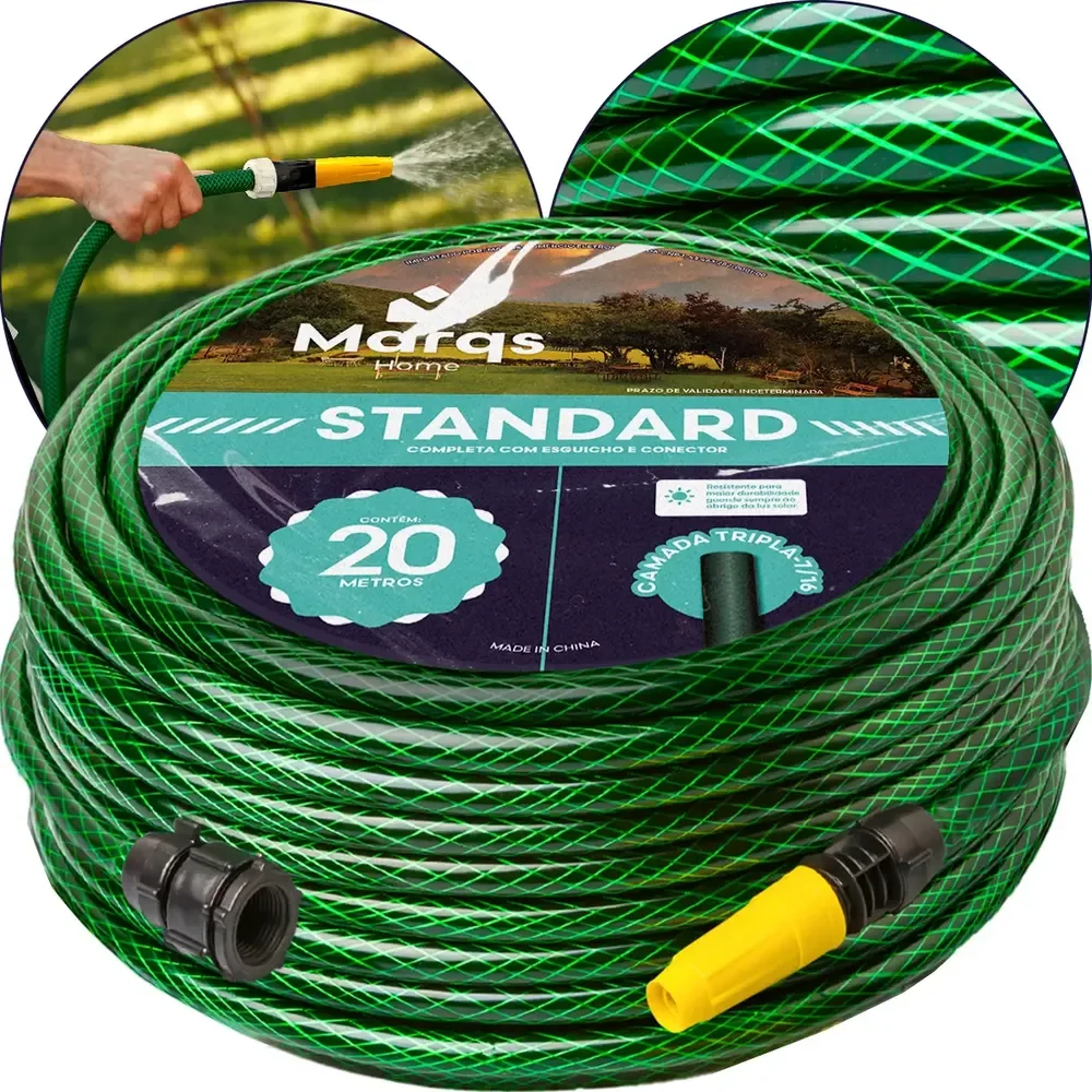 Mangueira Jardim 20m Metros Com Esguicho Trançada Reforçada Flexível 7/16 Anti Dobra Irrigação Quintal Poço Lavagem Durável Marqs Home