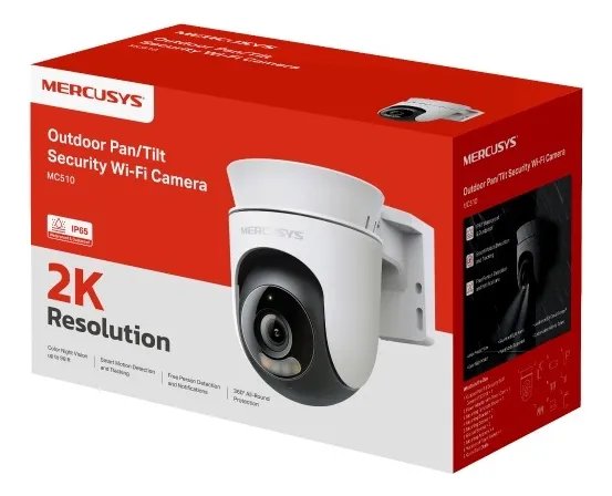 Mercusys MC510 Câmera de Segurança Wi-Fi Externa 2K 3MP, Rotação 360°, Visão Noturna Colorida, Detecção de Pessoas e Rastreamento de Movimento, IP65, Áudio Bidirecional, Alexa e MicroSD até 512 GB