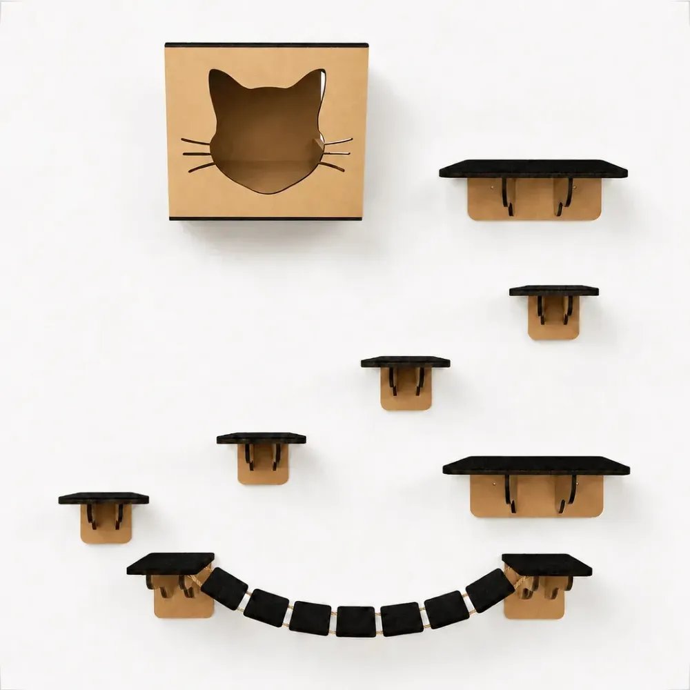 Playground Para Gato Brinquedo 8 Peças Nicho Degraus Prateleiras Ponte Com Carpete Antiderrapante - Grupo Paraíso Mdf