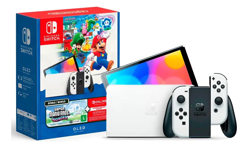 Console Nintendo Switch Oled 64gb Edição Super Mario Bros Wonder 3 Meses Assinatura Online Nintendo Branco