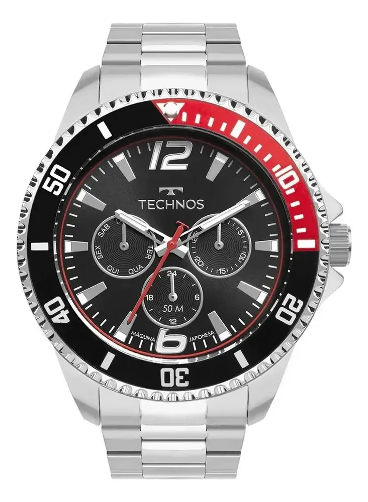 Relógio Technos Masculino 6P29ALE/1P Analógico 46 Milímetros Multifunção em Aço Inoxidável Multifunção com Calendário e Prova D´Agua 50m