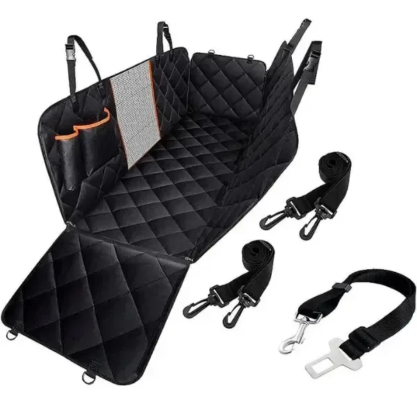 Capa de Proteção para Banco Traseiro Pets com Cinto versátil 4x1 - Preto com Borda Laranja - Estoquee
