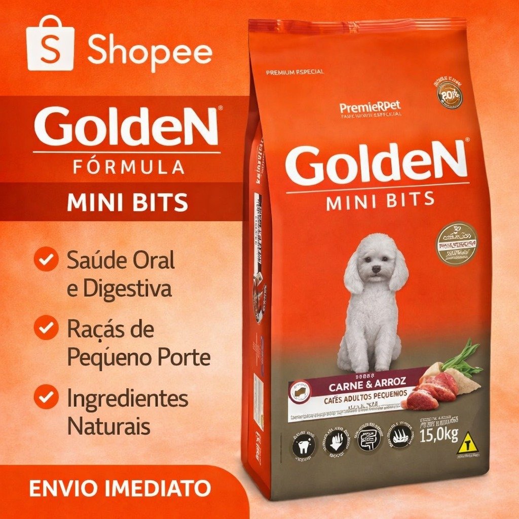 Ração Premium Golden fórmula mini bits cães adultos raças pequenas carne arroz 15kg