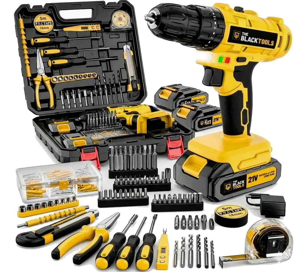 Parafusadeira Furadeira De Impacto The Black Tools Profissional 2 Baterias Com Maleta + Kit Acessórios 134 Peças Tbkit20