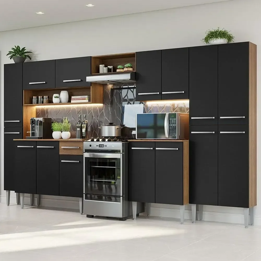 Armário De Cozinha Completa 325cm Rp Emilly Madesa 02 Cor Rustic/Preto