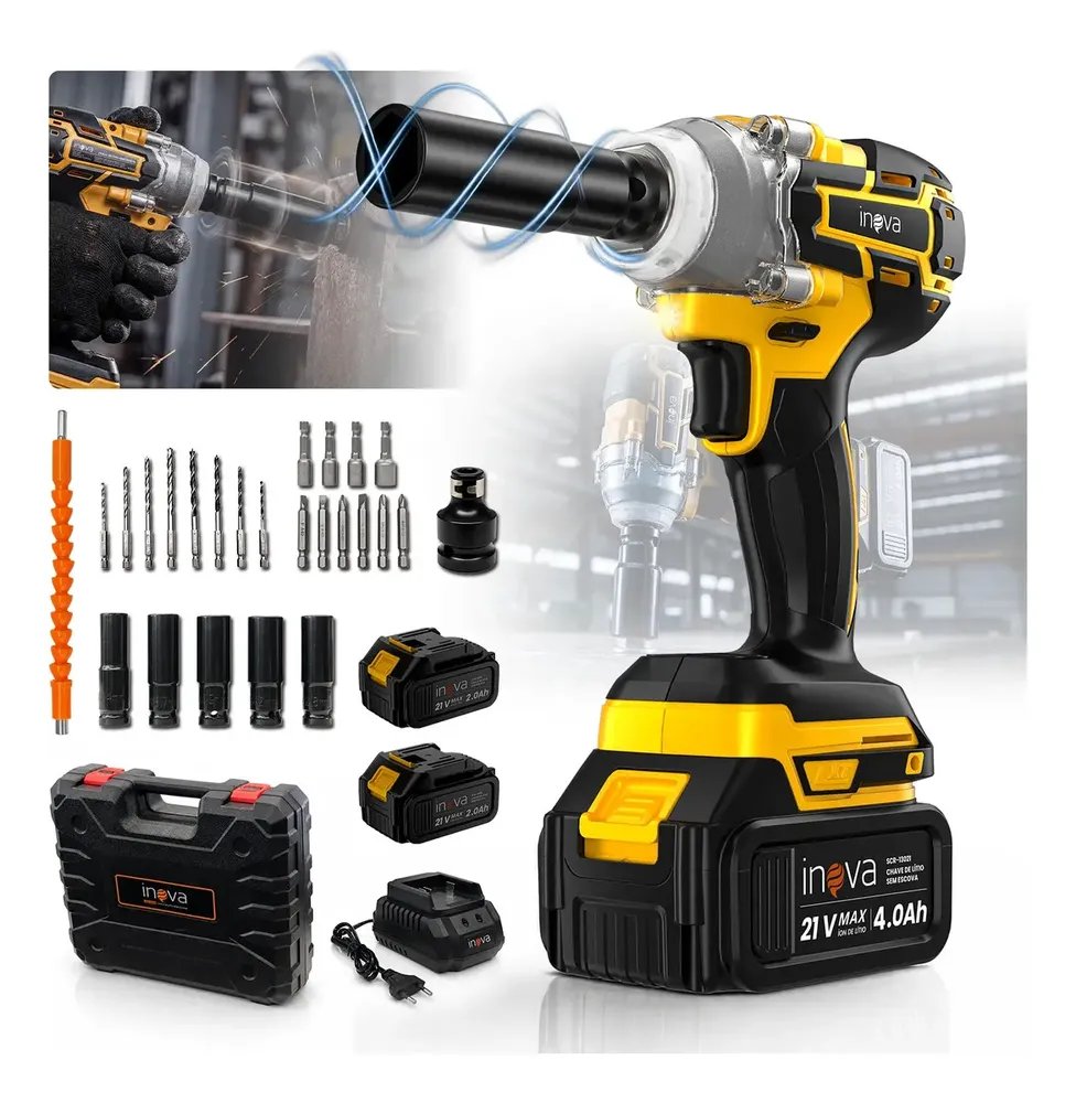 Chave de Impacto Inova sem Fio 21V, Kit com 2 Baterias e Torque de 300 Nm