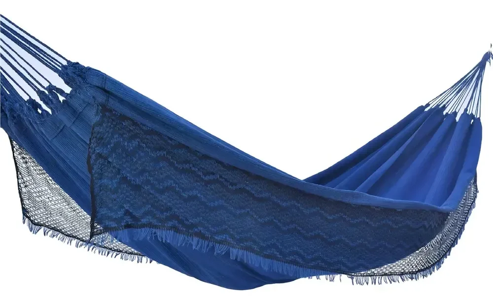Rede Dormir Descanso Casal Tecido Algodão Resistente Jeans Cor Azul B&G