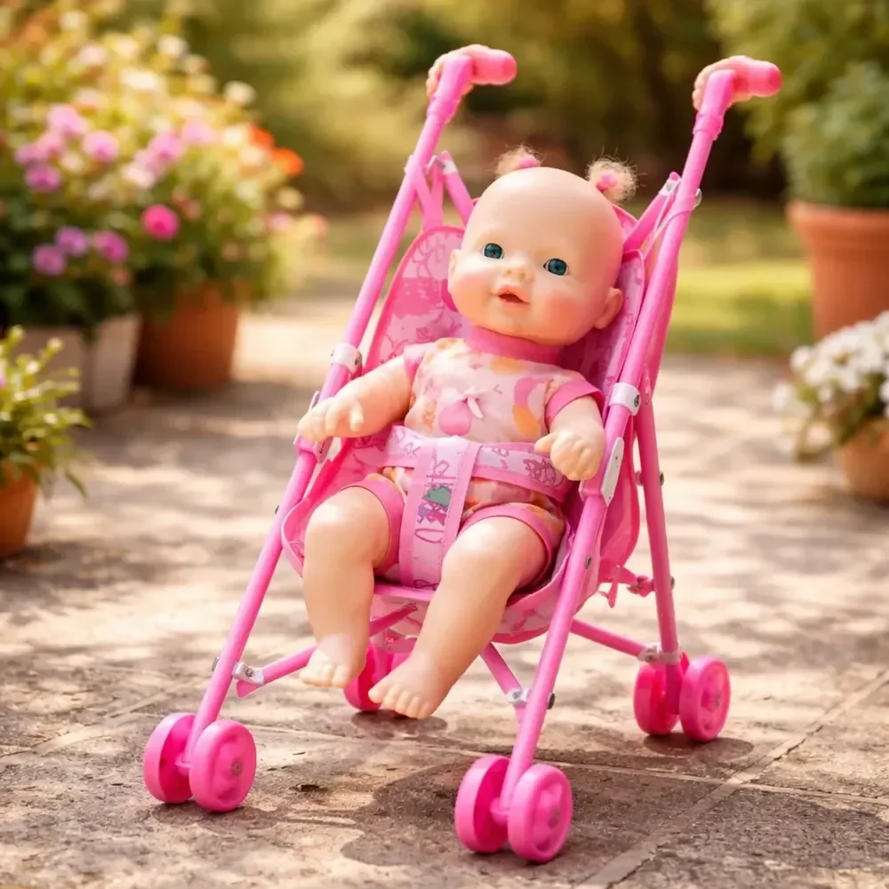 Kit Boneca Bebe Faz Xixi Mamadeira Carrinho Rosa