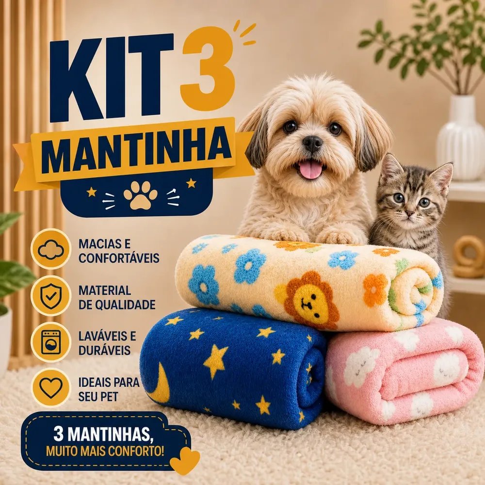 Kit 3 Mantas Mantinha Pet Cobertor Soft Gato Cachorro 90x85 Macho