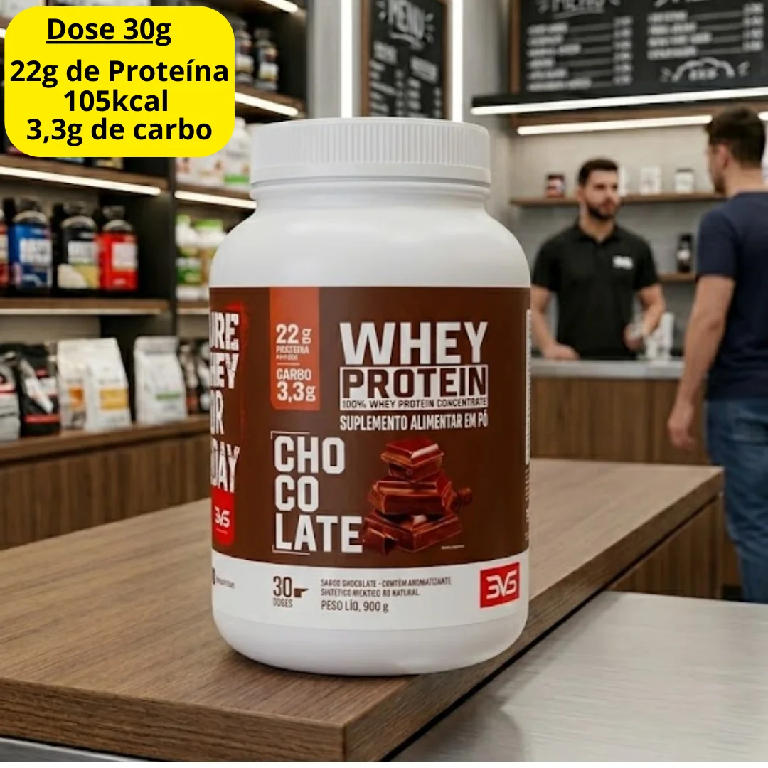 100% Whey Protein Concentrado 900g Sabor: Chocolate - Proteína 100% Pura - 3VS Nutrition