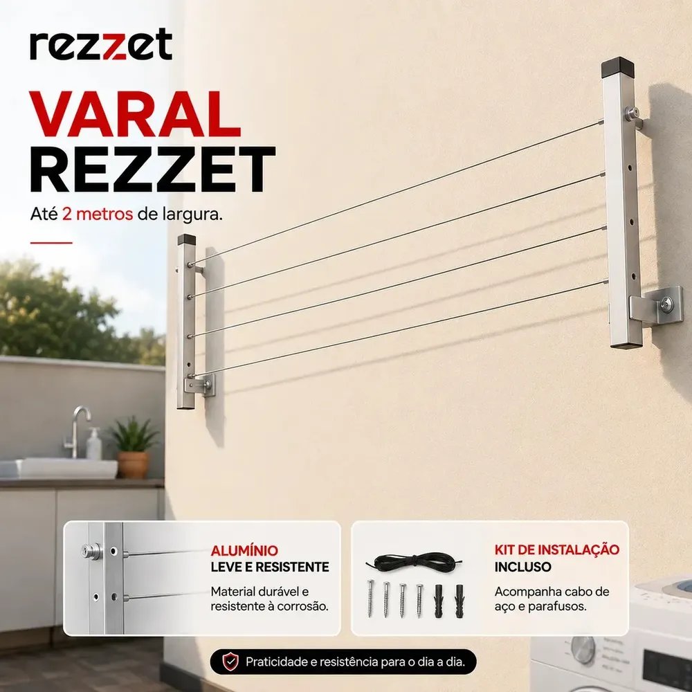 Varal Retrátil De parede Reforçado Suporta até 80 Kg Dobrável 2 Hastes Rezzet