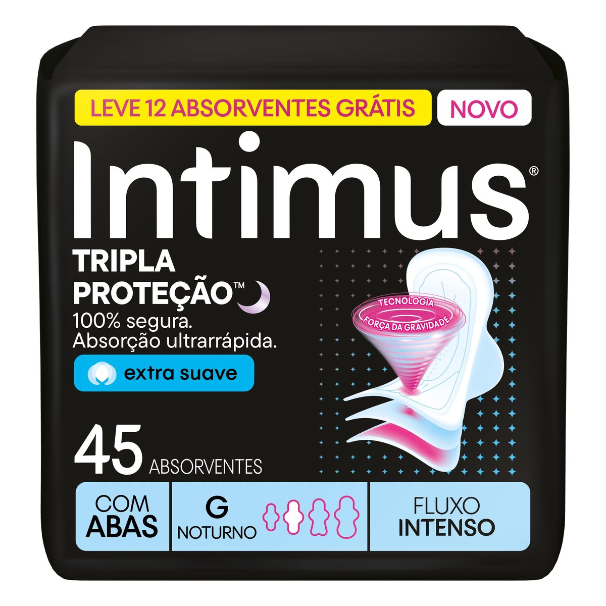 Absorvente Intimus Tripla Proteção Noite Suave Com Abas, Fluxo intenso, 45 unid