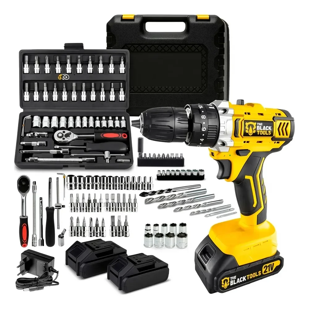 Furadeira Parafusadeira De Impacto 2 Baterias 21v + 46 Peças Amarelo 110v/220v 60hz