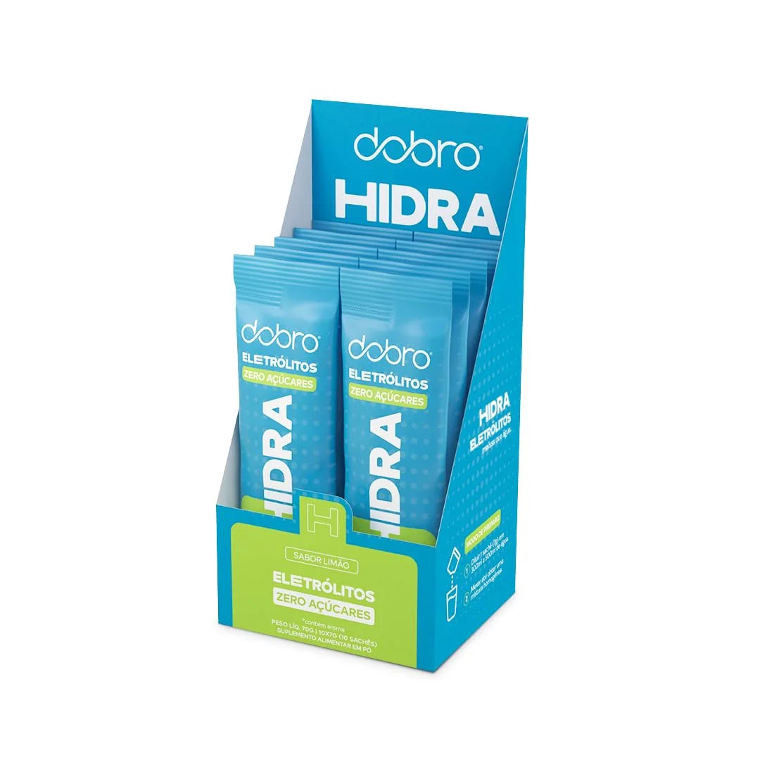 Eletrólitos, Dobro, Hidra, Suplemento em Pó, Eletrólitos Essenciais com Vitaminas, Sabor Limão - 10 Sachês de 7g