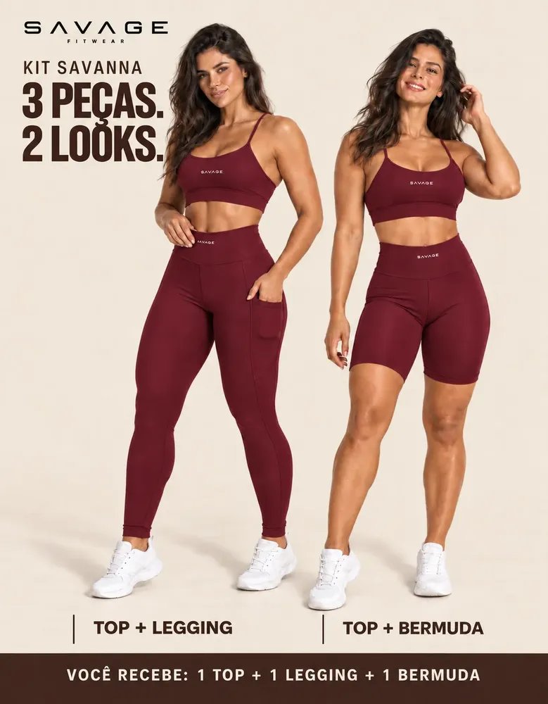 Kit Fitness Feminino: Calça Legging + Top + Shorts Cós Alto Bordô Lisa P