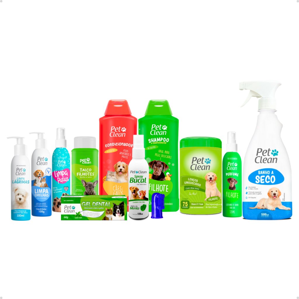 Kit Higiene Banho Pet Clean Completo Para Filhote Cachorro E Gato Cuidados com o Pelo e Saude Bucal